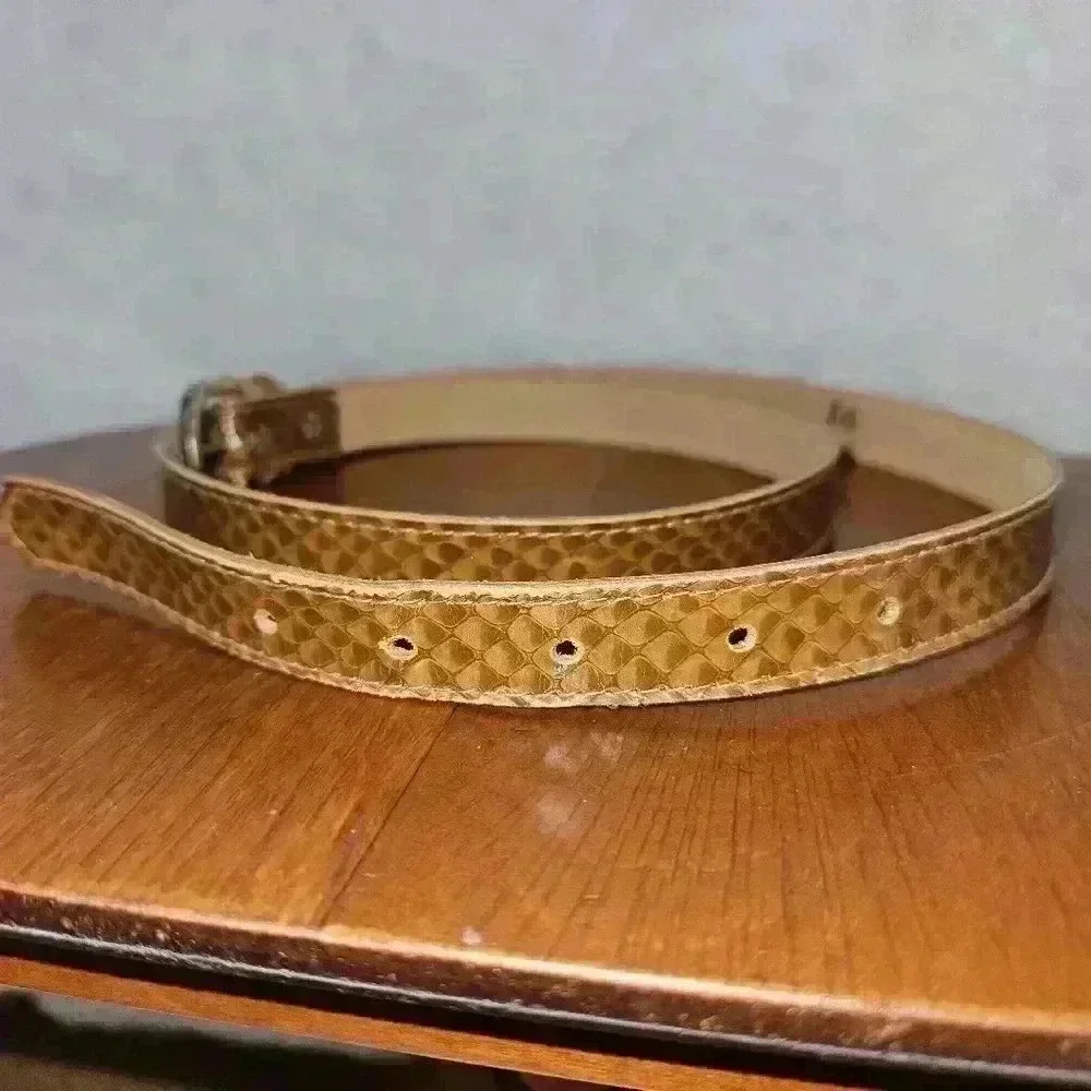 Womens Genuine Snake Skin Belt Cognac Brown W/ Gold buckle 38